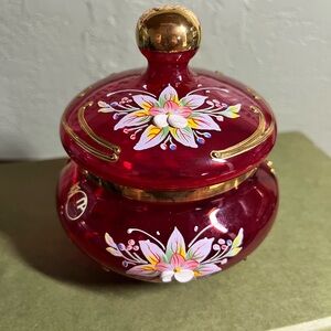 Vintage Bohemian Czech Ruby Red Cased Glass Jar Hand Painted Enamel 24K Gold